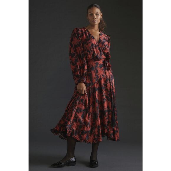 Anthropologie x Caballero Silky Abstract Wrap Midi Dress Red & Black Anthro XS - Picture 5 of 16